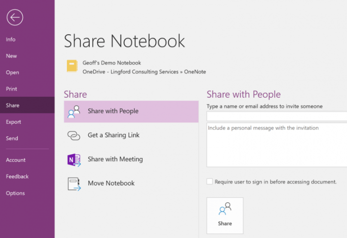 share onenote notebook android