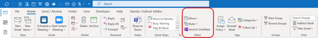 View of the Outlook Ribbon in Mouse Mode