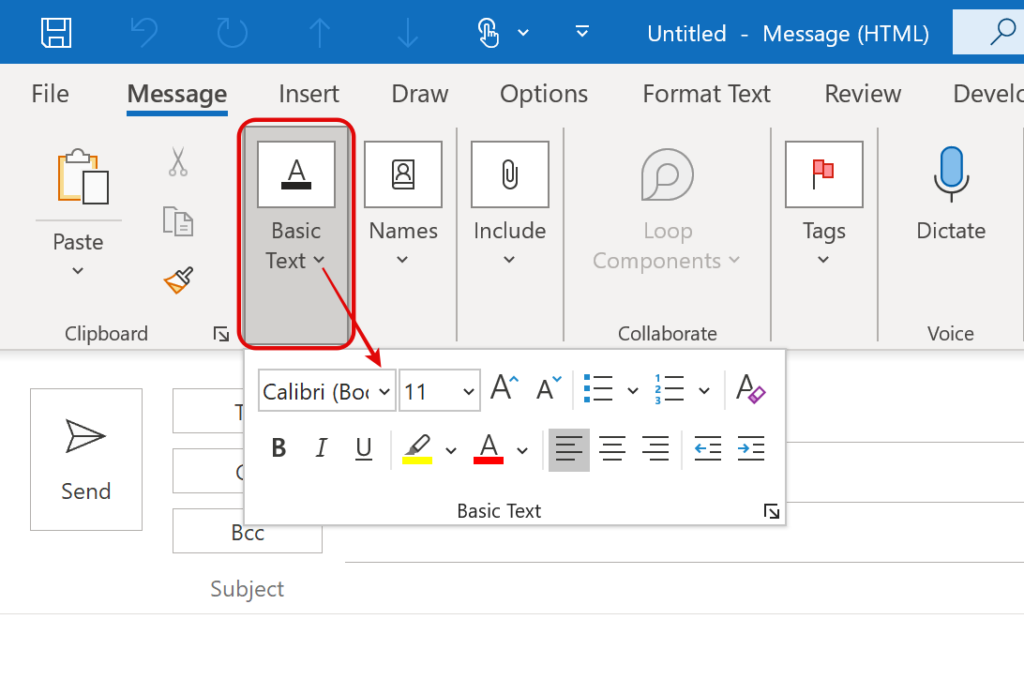 View of the Outlook Ribbon in Touch Mode on a new email